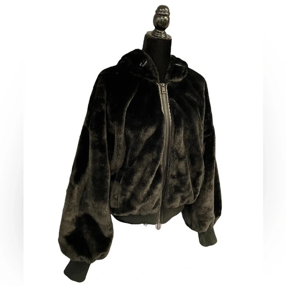 RAMY BROOK Black Onyx Hooded Faux Fur Coat Large - Picture 10 of 10